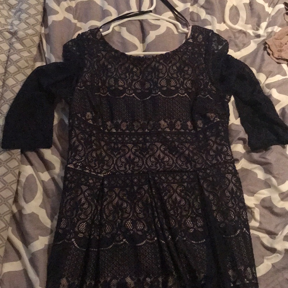 Navy blue lace dress with pink underlay. Juniors